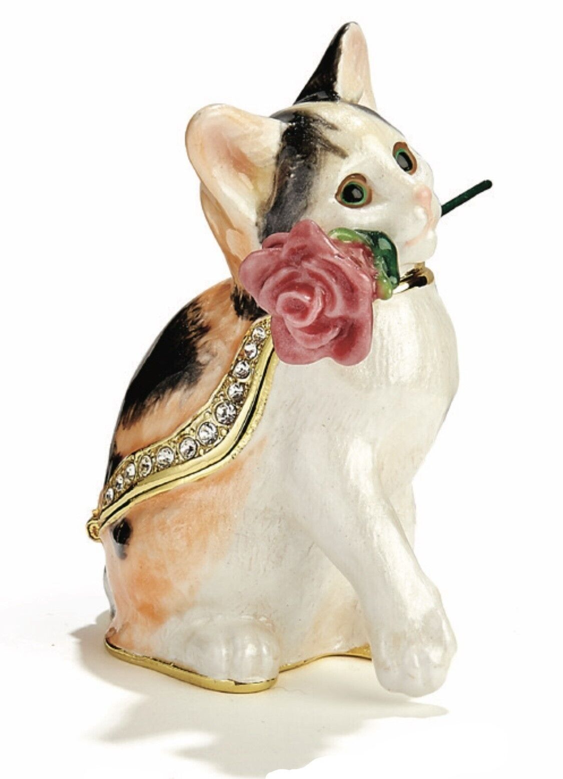 Tabby Cat with Rose trinket box, jeweled & enamel,  NIB - Beautiful