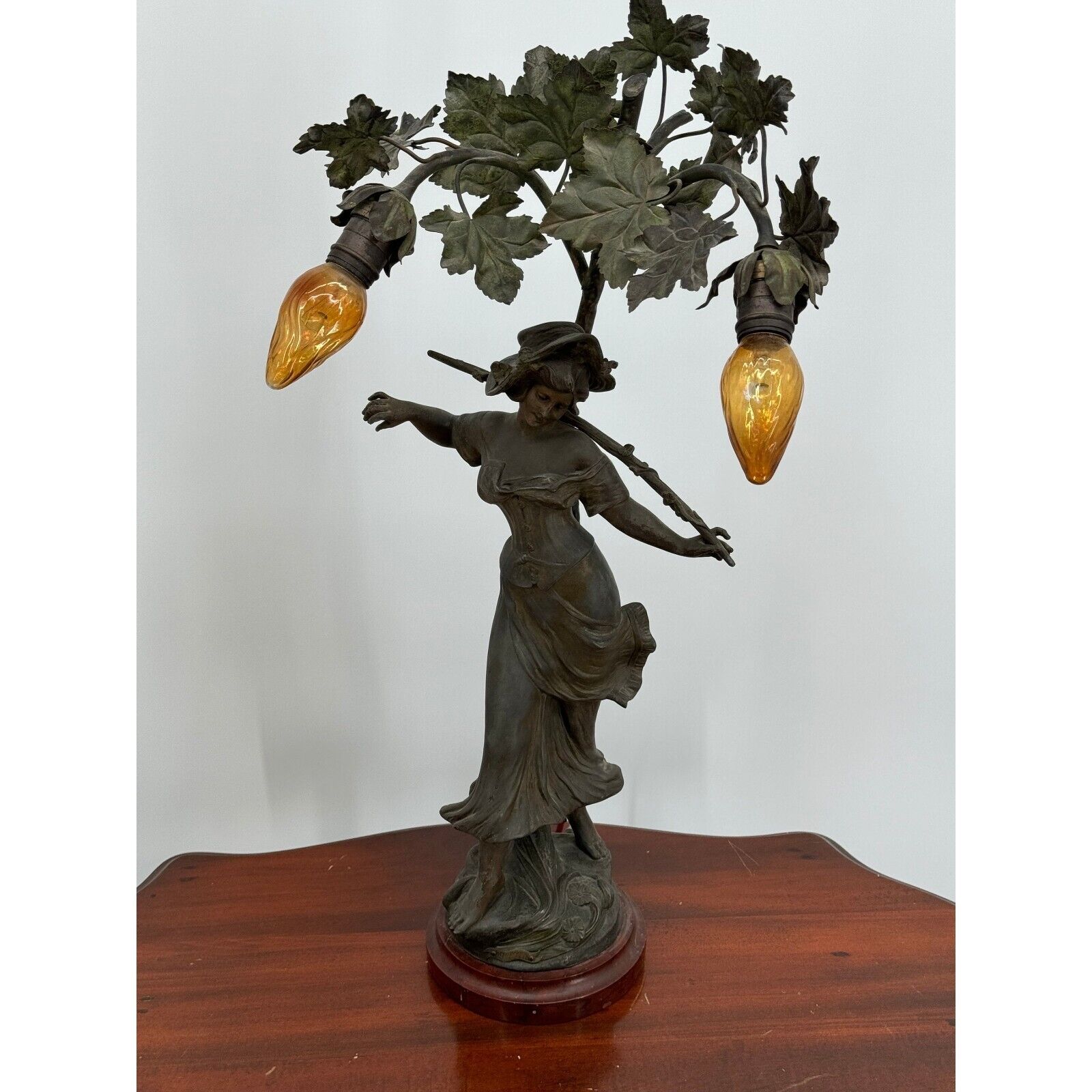 Antique French Spelter Bronze Art Nouveau Newel Post Lamp Lady with Flowers