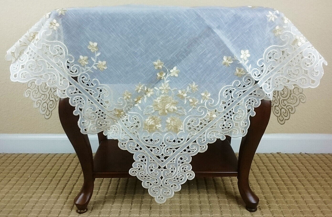 Beige Ivory Polyester Embroidered Embroidery Cutwork Tablecloth Side Table Cover