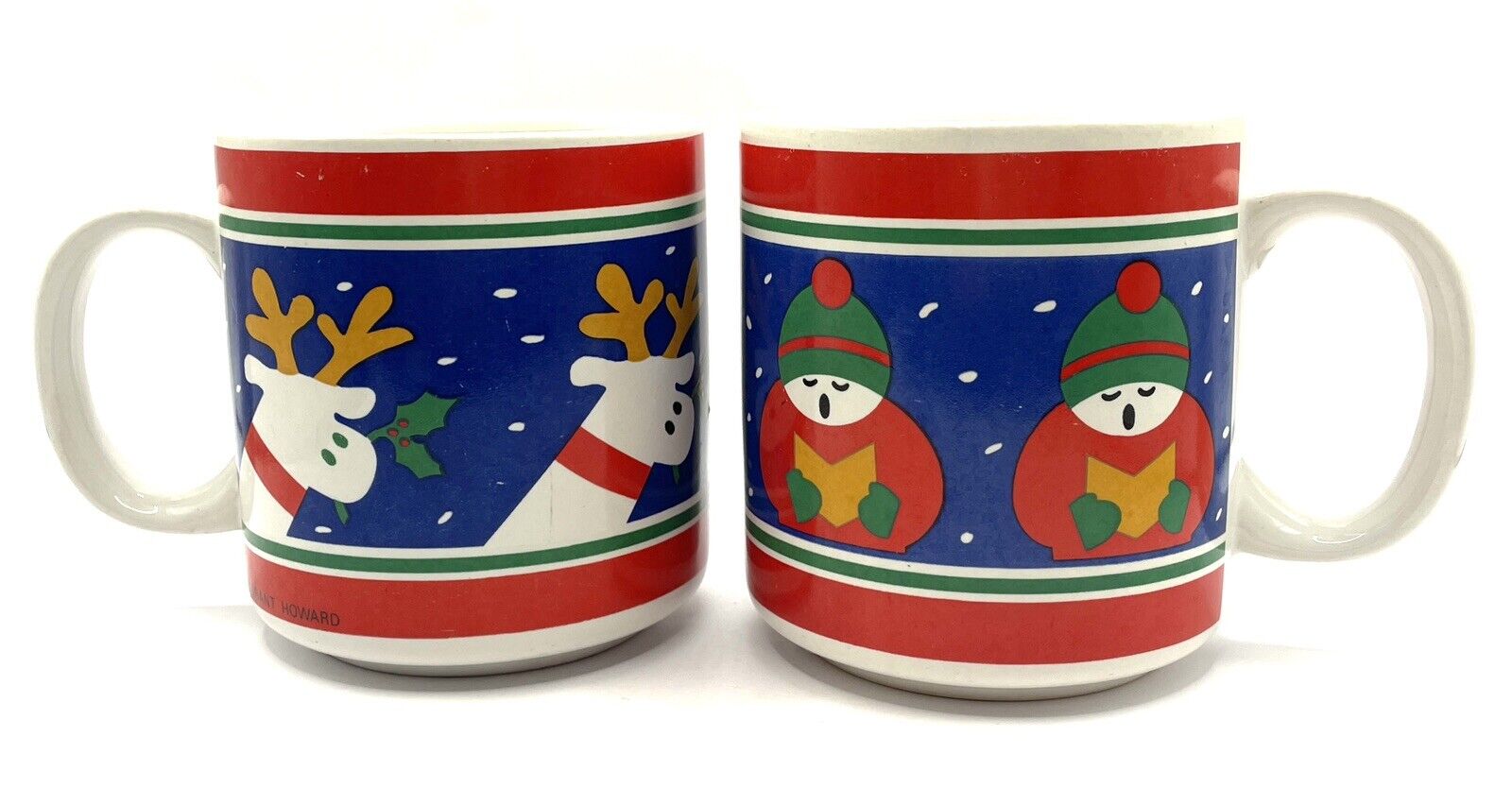 Two (2) Grant Howard Holiday Christmas Mugs Reindeer Carolers 