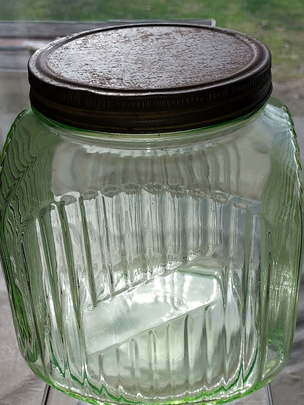 Vintage 1930\'s Hoosier Ribbed Green Uranium Depression Glass Cookie Jar w/Lid