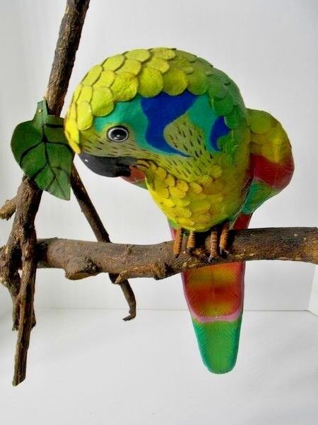 Parrot Leather Figurine Perched Real Twig Rare Unique Professional Quality EUC