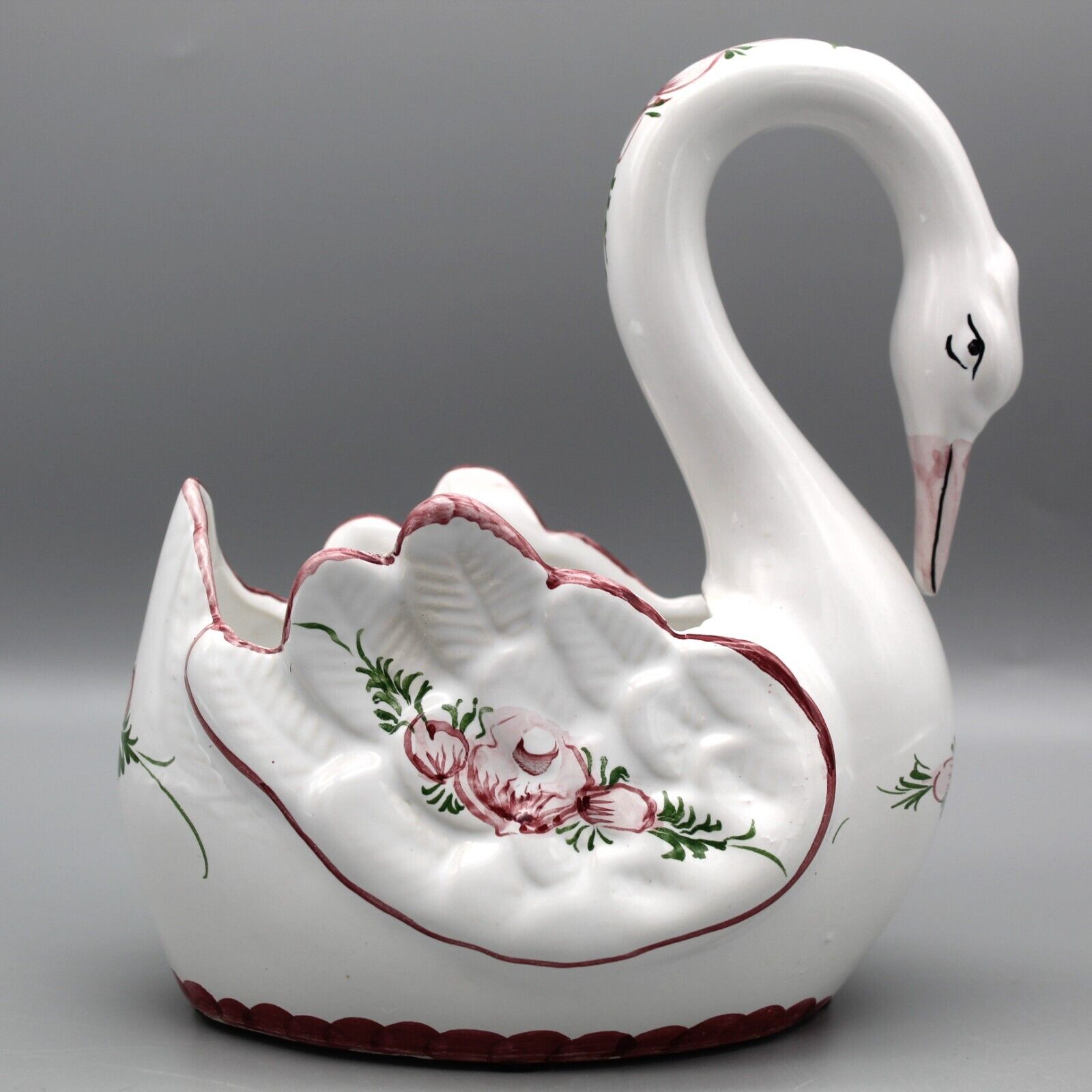 Portugal Pottery Swan Planter Candy Dish Trinket Hand Painted Pink Flower Floral