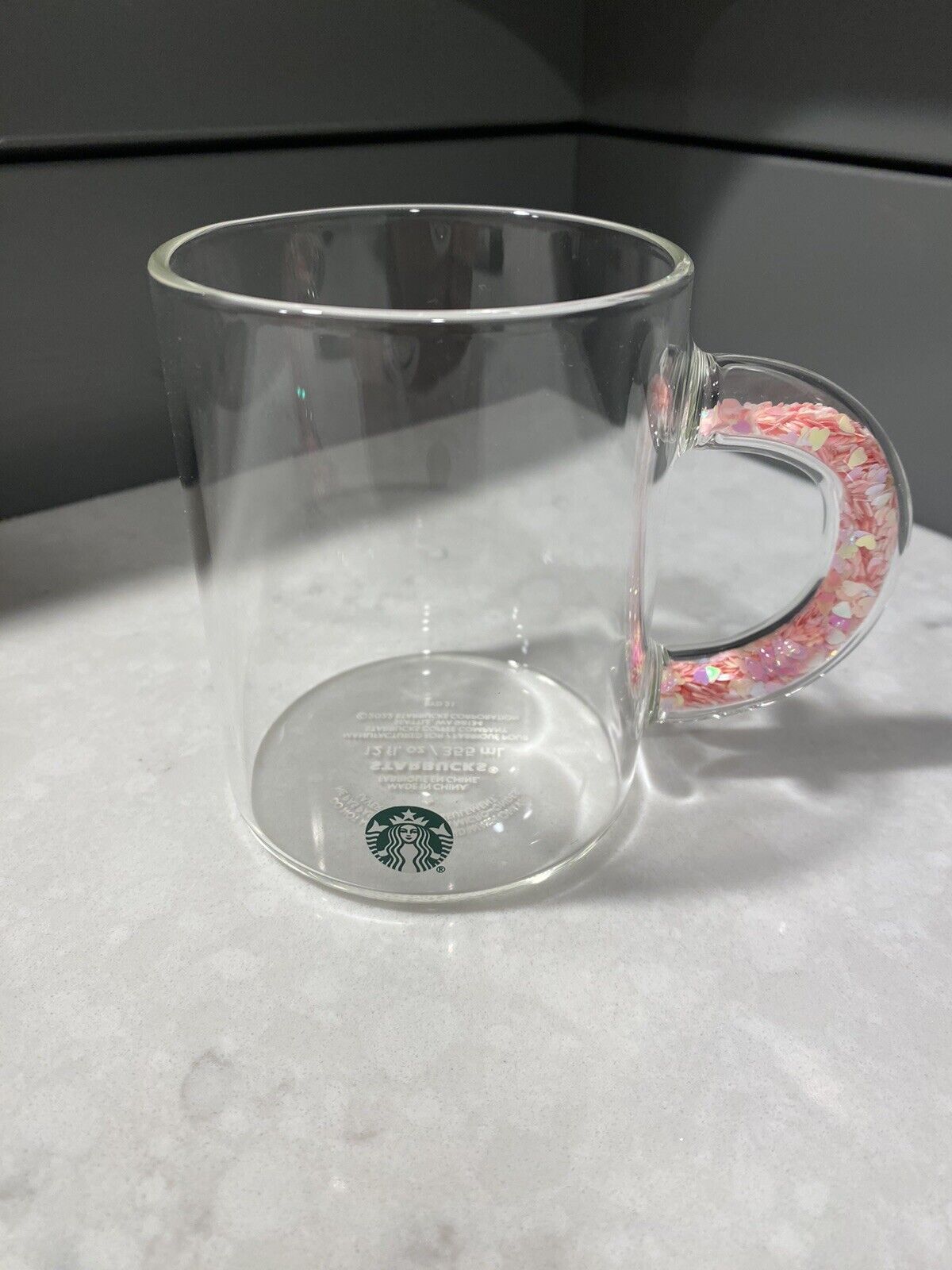 Starbucks Glass Pink Heart Iridescent Confetti Handle Mug Cup 12 oz