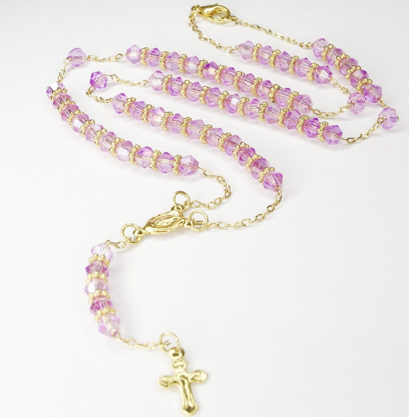 Rosary Pink Beads Necklace Gold Plated Blessed by Pope for Women