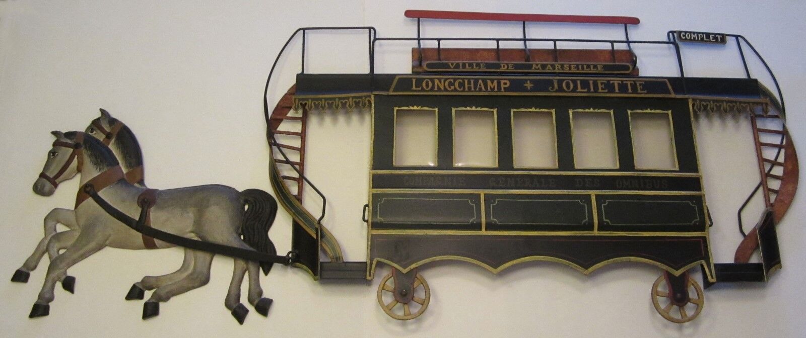 Vtg Horse Drawn Trolley Wall Metal Toleware Paris Cafe French Country Decor 41\