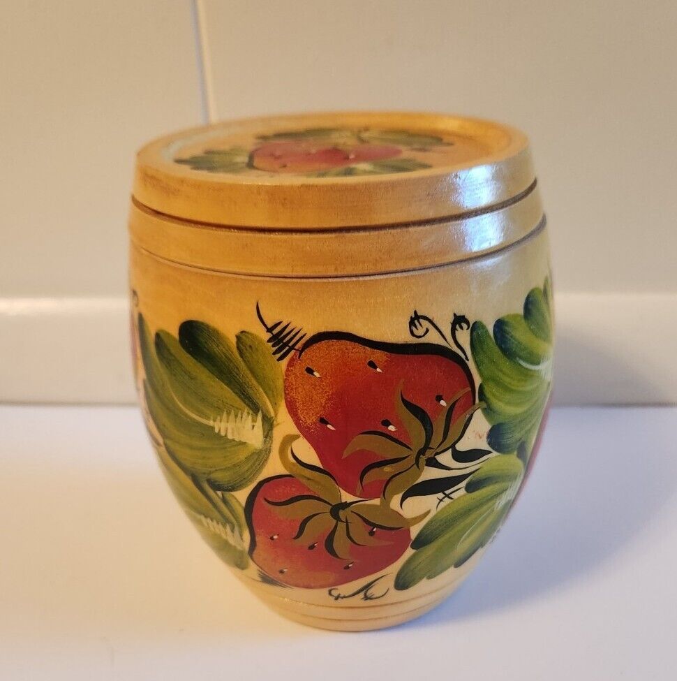 Vintage Hand Painted Barrel Shaped Small Wood Decorative Box with Lid Strawberry