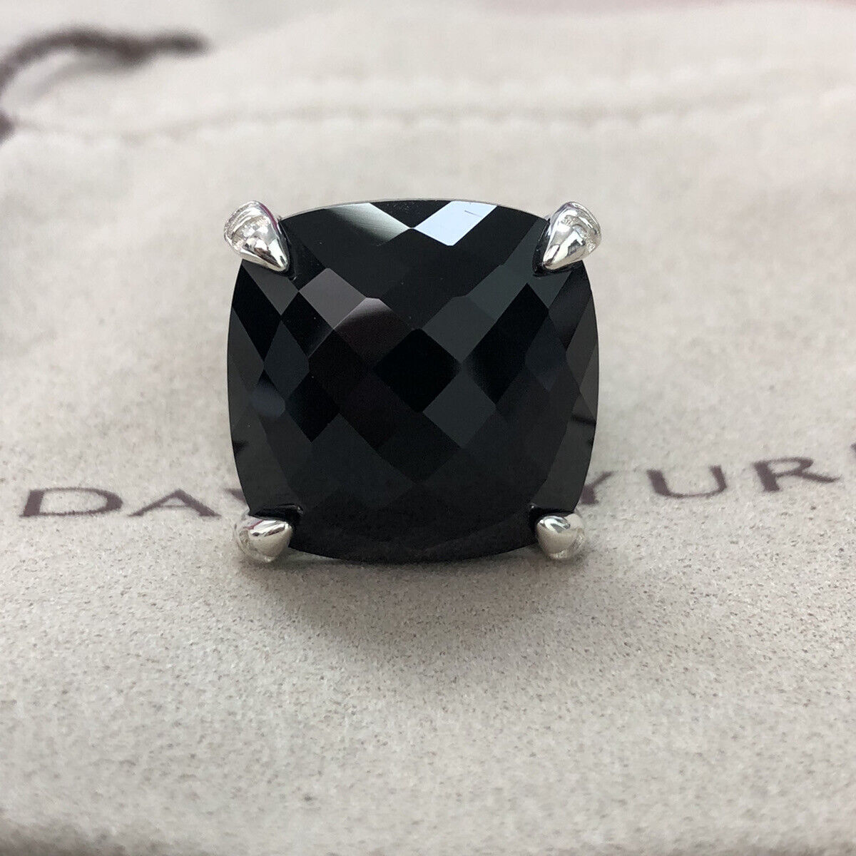 David Yurman 925 Silver Chatelaine 20mm Black Onyx Diamond Ring Size 8