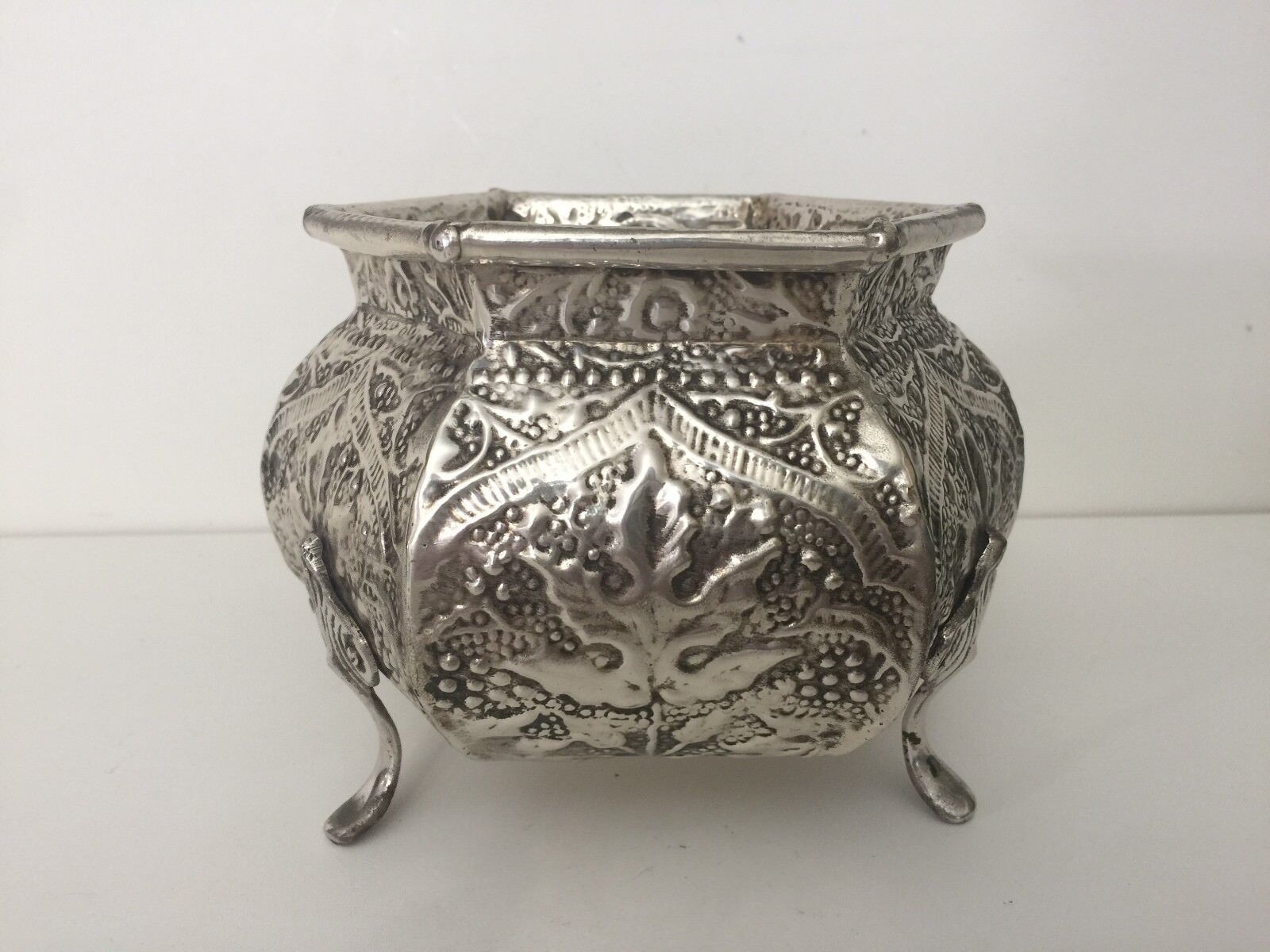 Vintage Hand Chased Silverplate Hexagonal Footed Incense Burner Pot