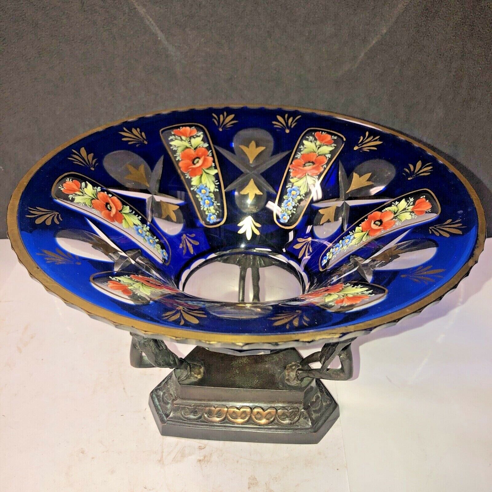 Antique Center Piece, Hand Painted Enamel Crystal and Bronze Stand