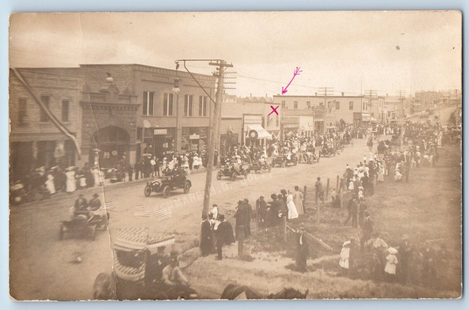 Kenmare North Dakota ND Postcard RPPC Photo Parade Cars Peoples Scene c1910's