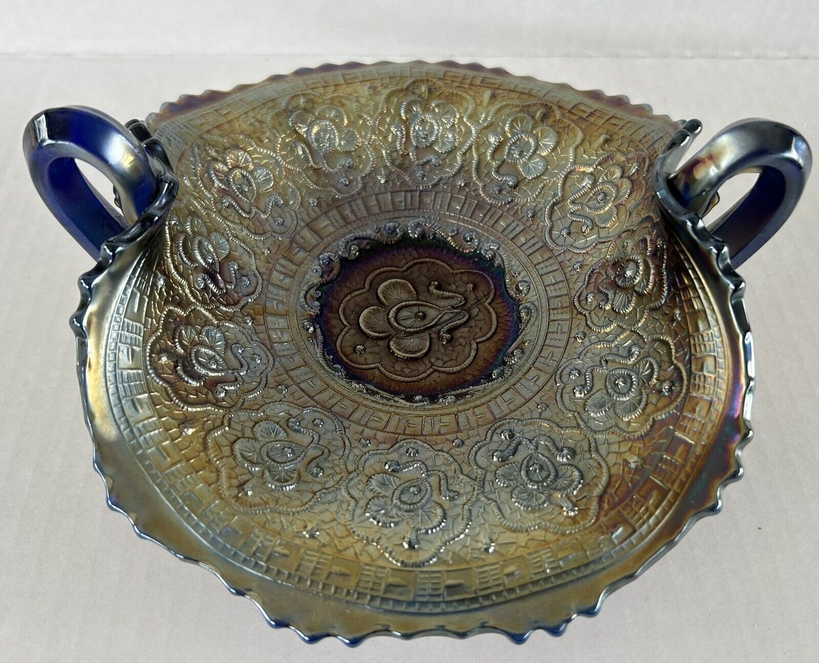 Fenton Persian Medallion Blue Carnival Glass Bob Bon Dish 7” Handled Bowl