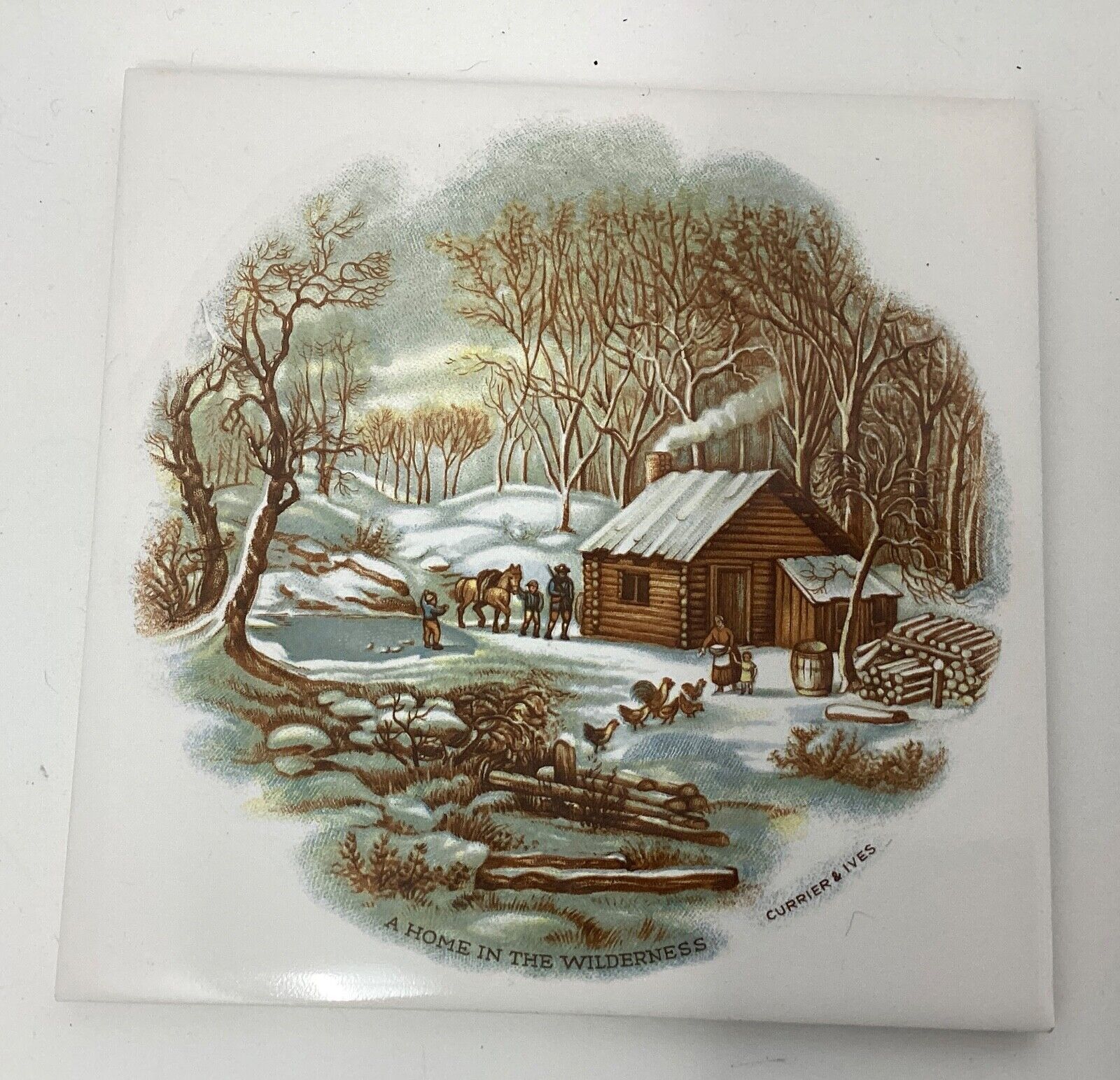 Currier & Ives A home In The Wilderness Trivet,Tile , Hot Plate TILES NYC. B1