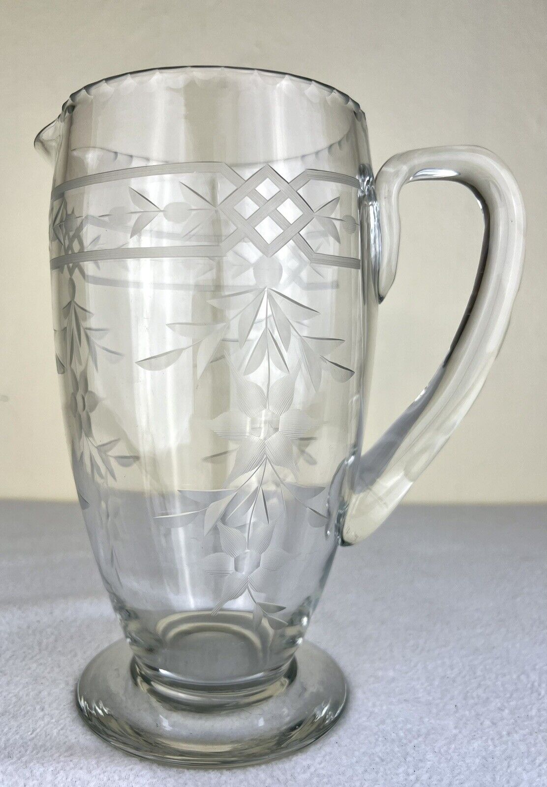 Vintage Etched Floral Design Heavy Glass Beverage Martini Pitcher 8 1/8” Elegant