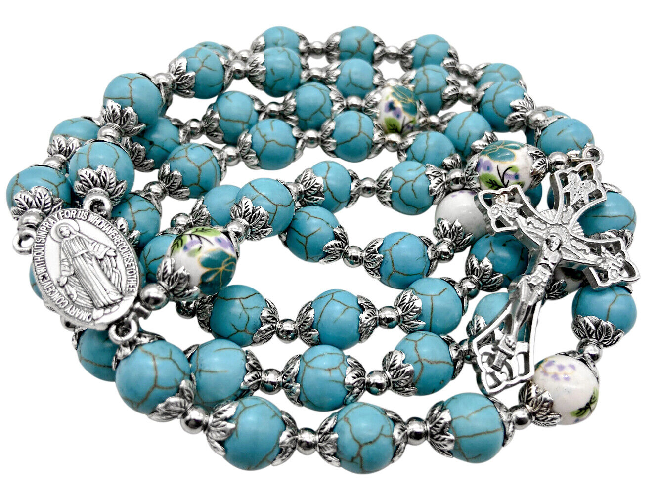 Turquoise Marble Rosary Beaded Necklace Flowers Beads Miraculous Medal & Cross