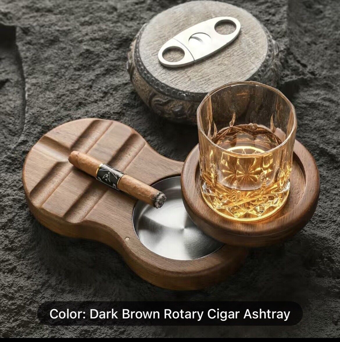 Elegant Wooden Cigar Ashtray with Revolving Ashtray & Drink Holder