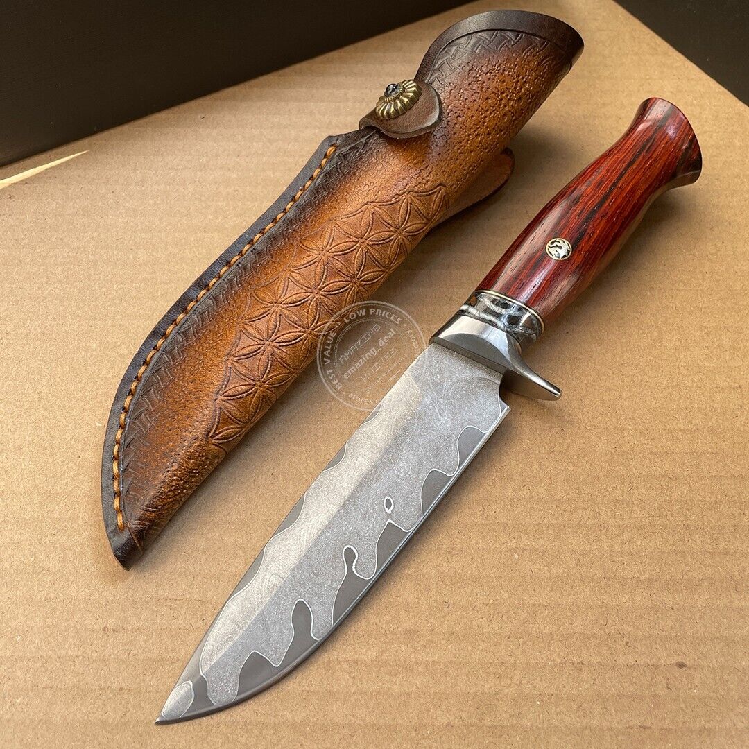RARE HANDMADE DAMASCUS STEEL STRAIGHT HUNTING OUTDOOR KNIFE WOOD HANDLE W SHEATH