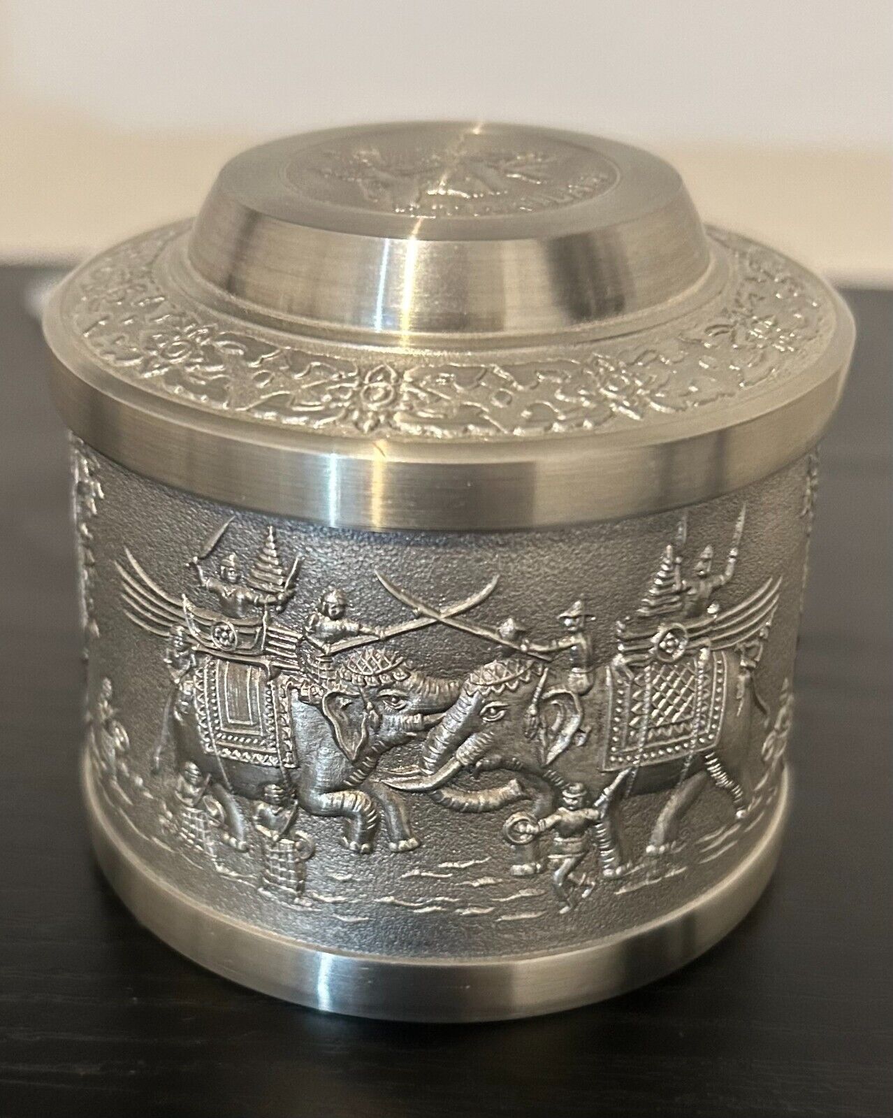 Elephant/Boat scene-R.M. Pewter Thailand Pewter Canister, 2.5\