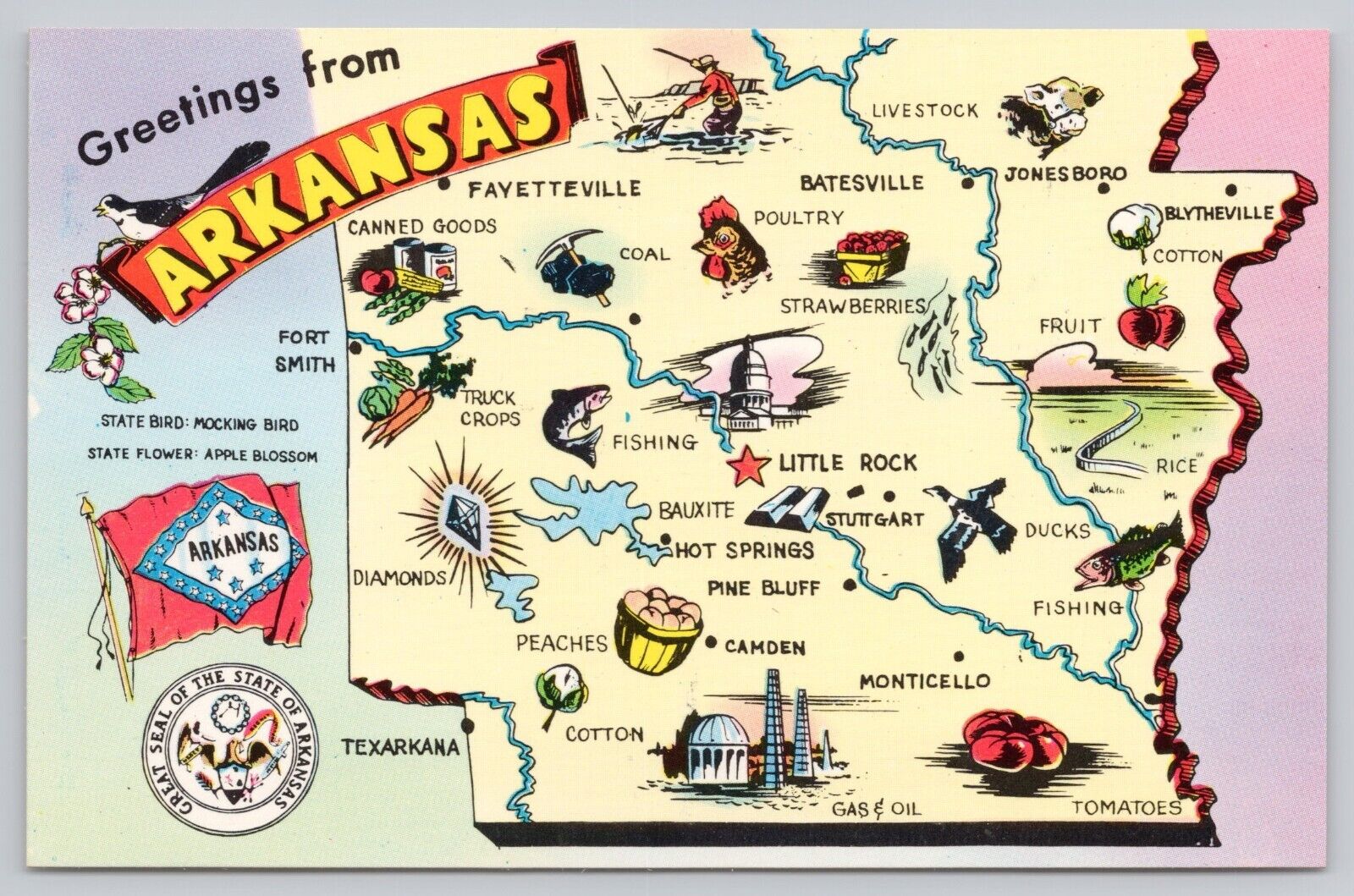 Arkansas State Pictoral Map, Landmarks & Attractions, Vintage Postcard