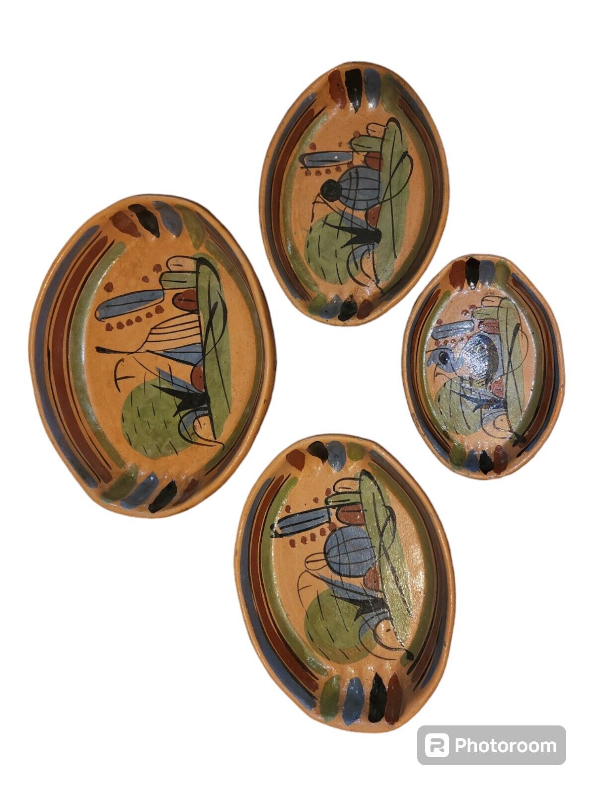 4 Vintage Mexican Folk Art Pottery Tlaquepaque Terra Cotta Oval Nesting Bowls
