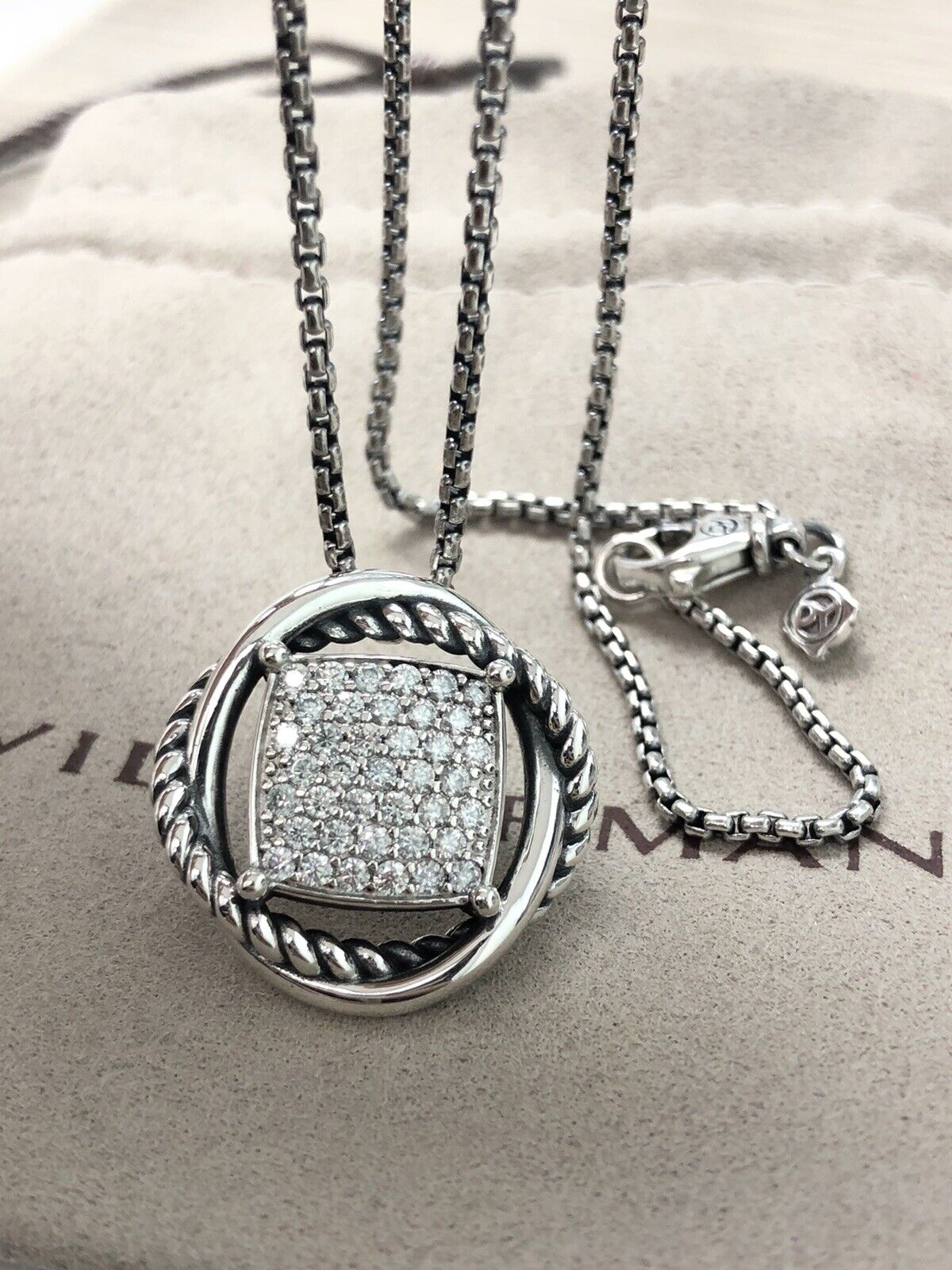 David Yurman Sterling Silver Infinity 14mm Pave Diamond Pendant Necklace 18”