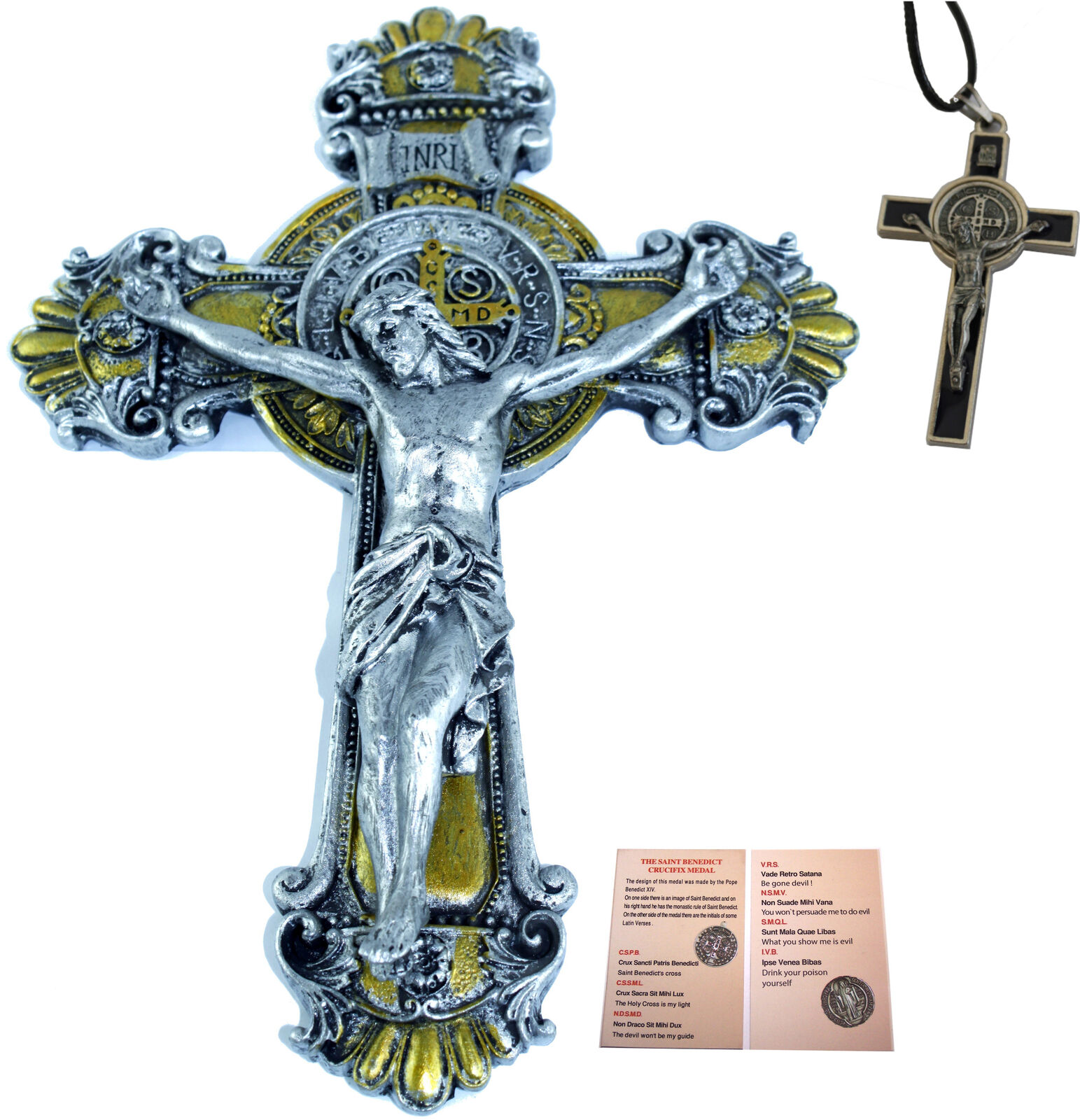 Colored two tones Wall St. Benedict Cross / Crucifix set ( 10 Inch and 3 Inches