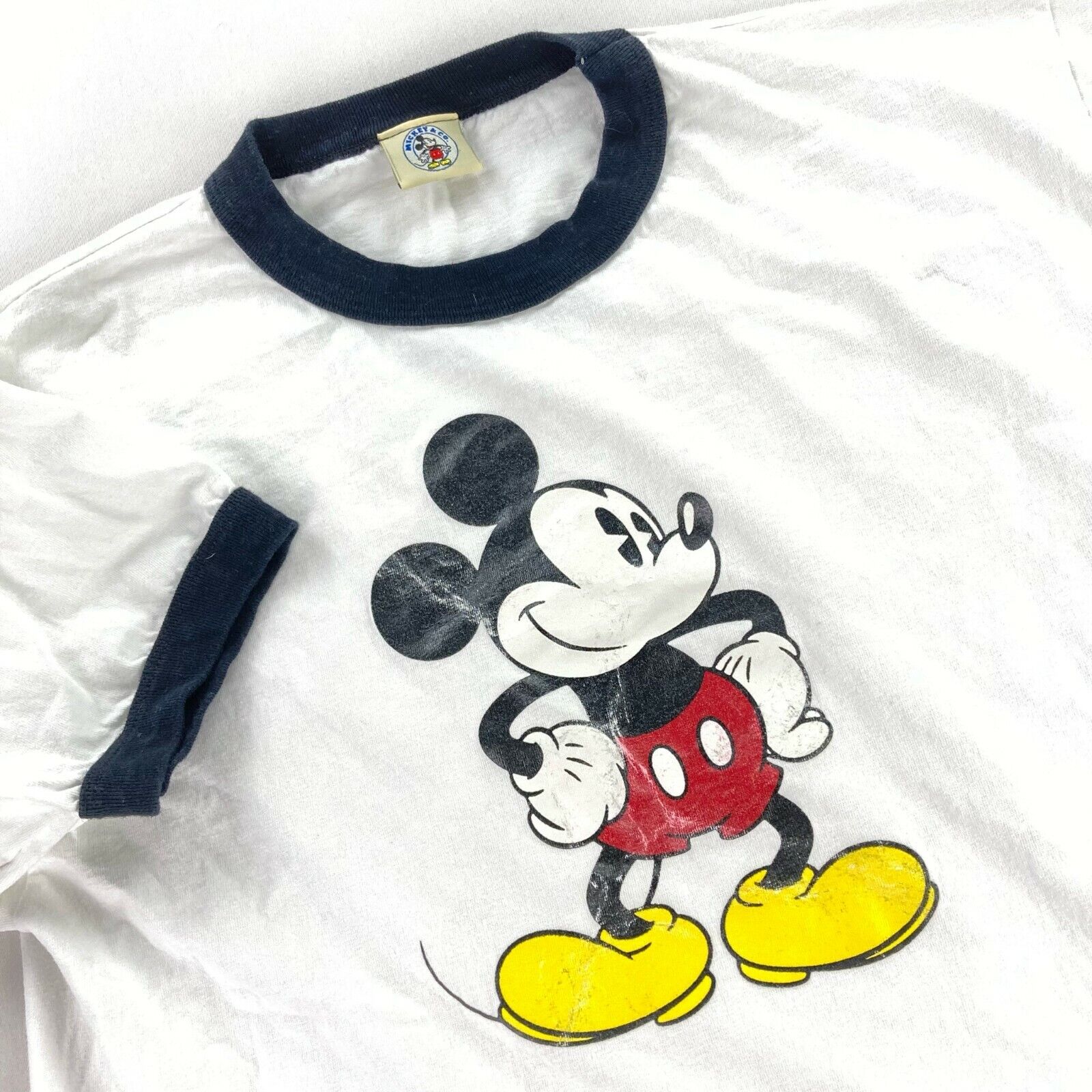 VTG Mickey & Co Ringer T-Shirt White w/ Black Trim Mickey Mouse • SMALL