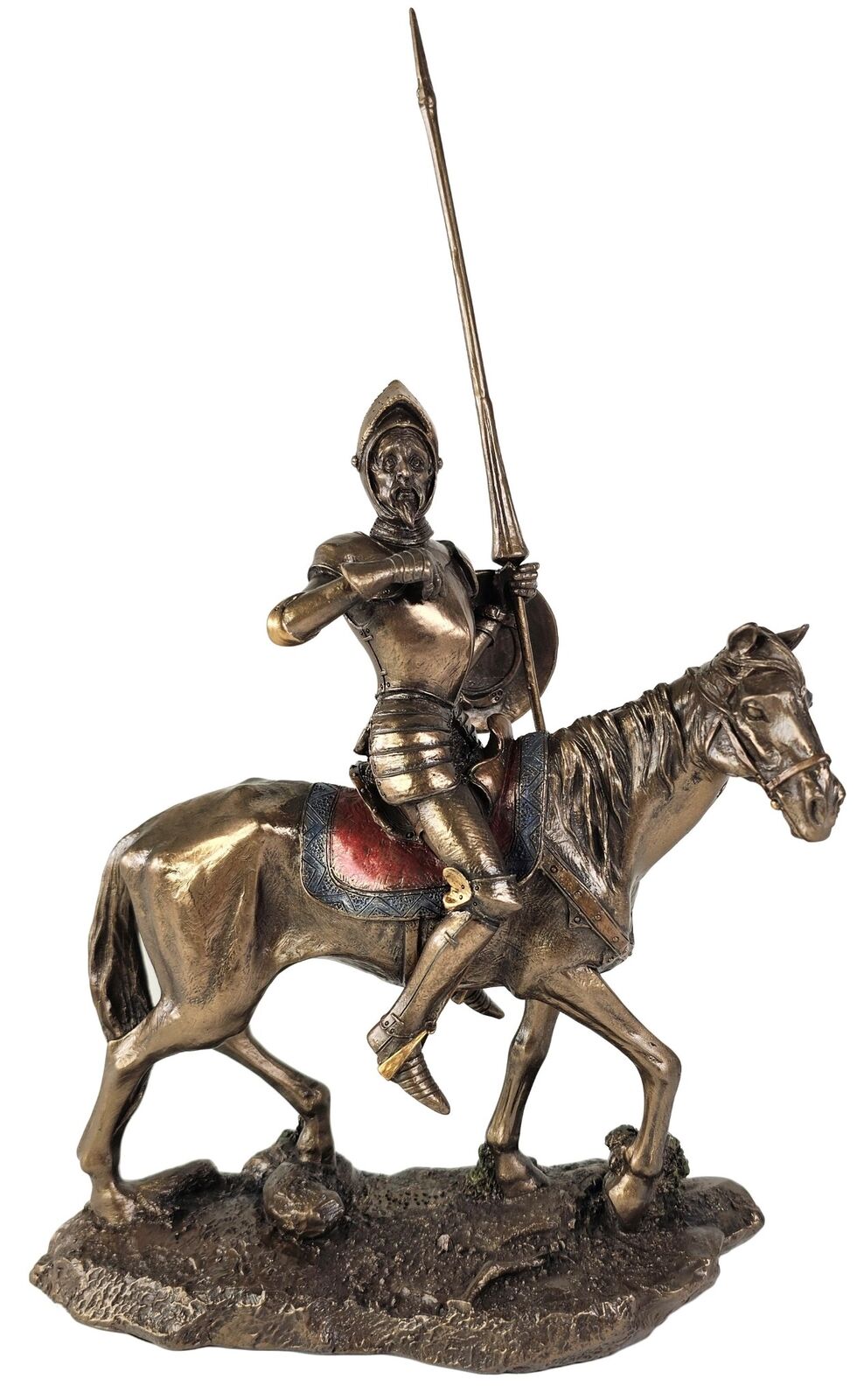 Don Quixote on Horse Raising Jousting Spear Spanish Statue Antique Bronze Finish