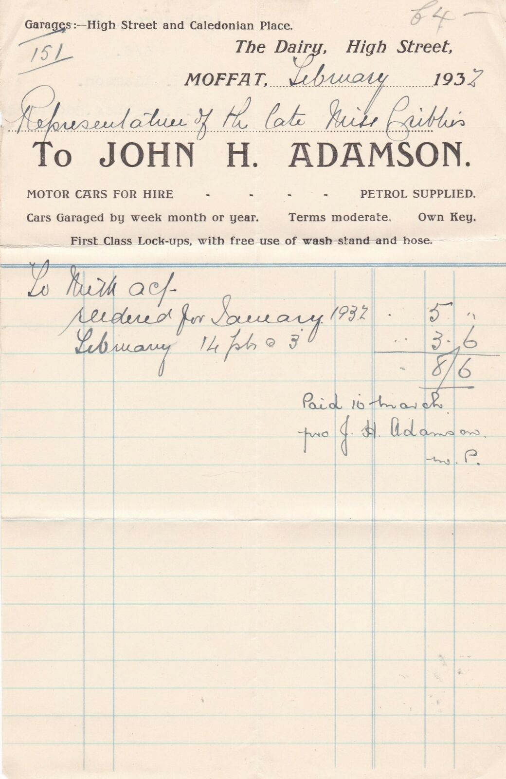 John H. Adamson The Dairy, High Street Moffat 1932 Paid Invoice Ref 41705