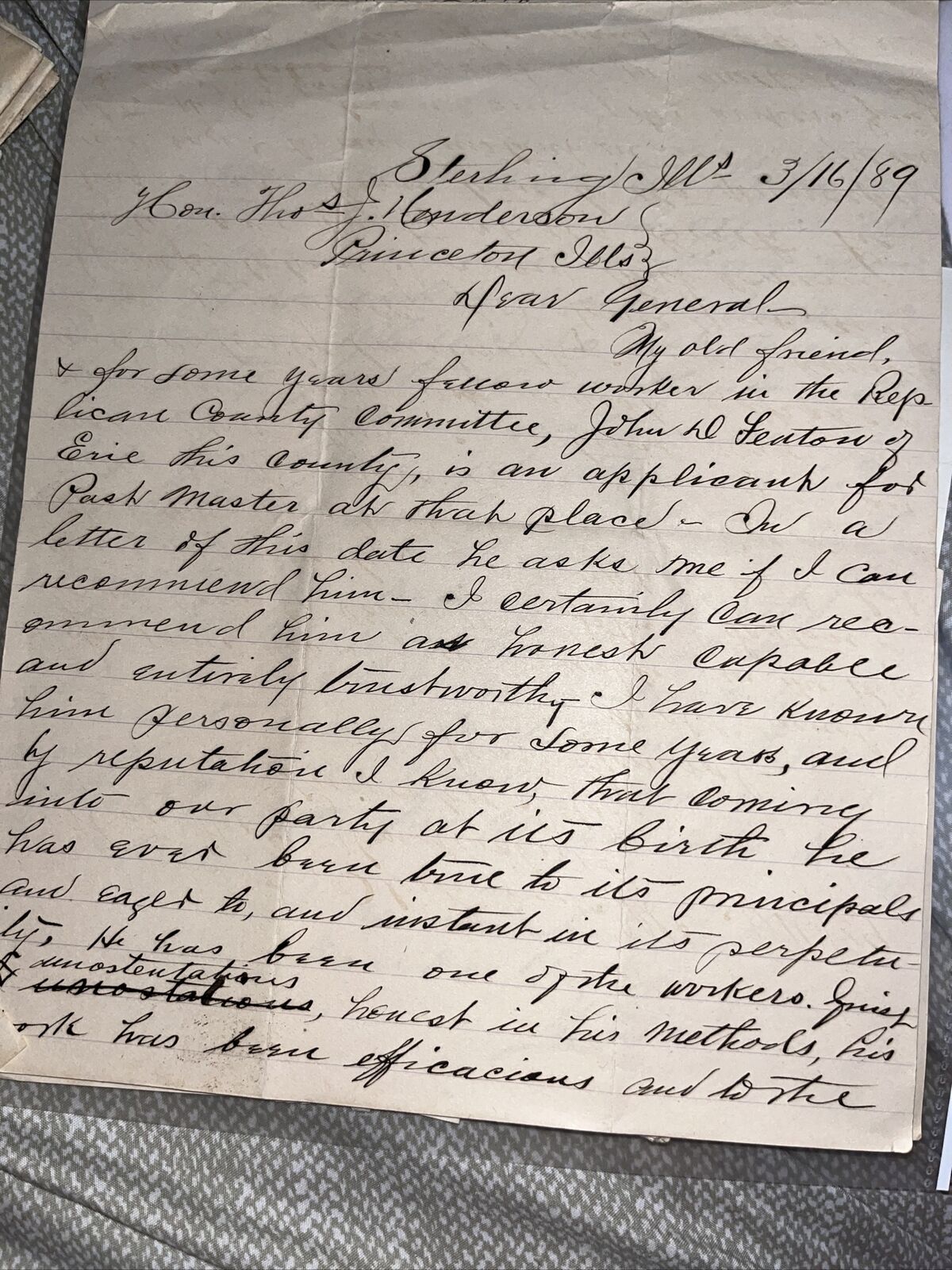 1889 Postmaster Recommendation to Congressman & Union General Thomas Henderson