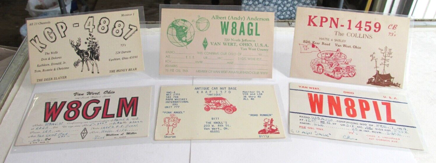 6 VAN WERT OHIO QSL cards, Ham Radio, CB Radio Call Numbers 1950s-60s Postcards