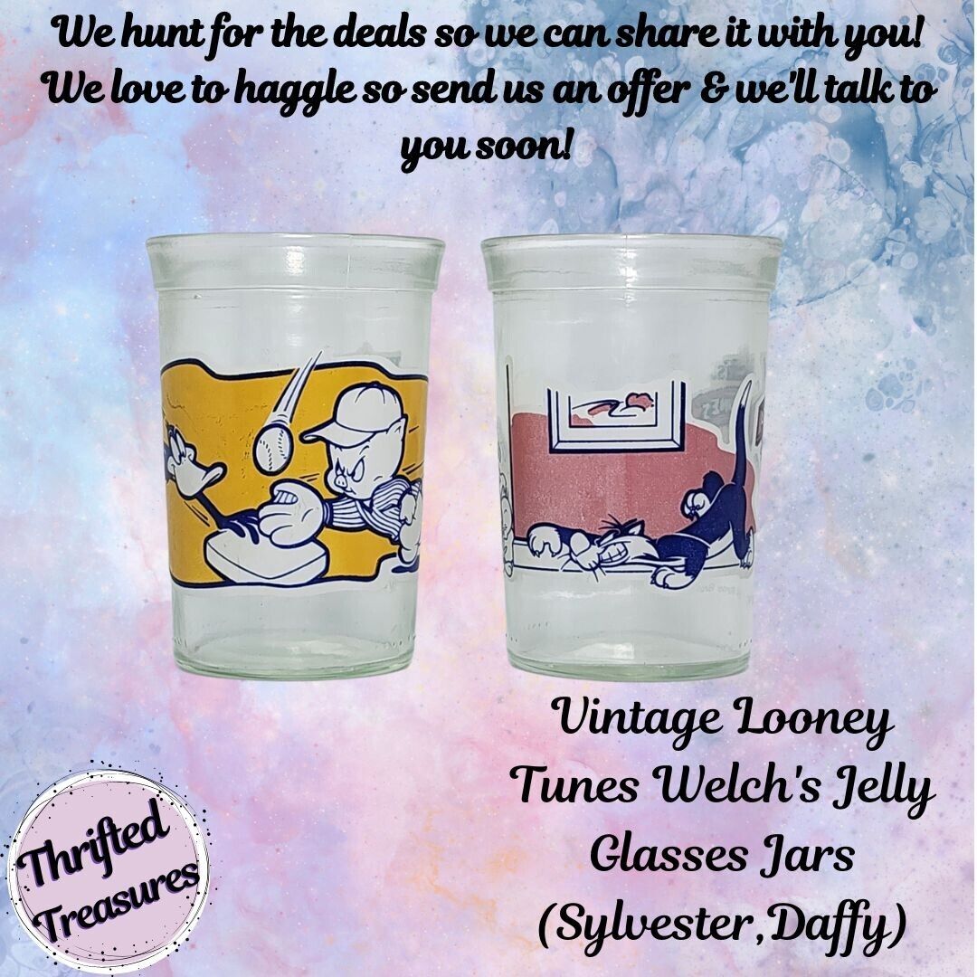 2 Vintage Looney Tunes Welch's Jelly Glasses Daffy/Porkie Pig & Sylvester/Tweety