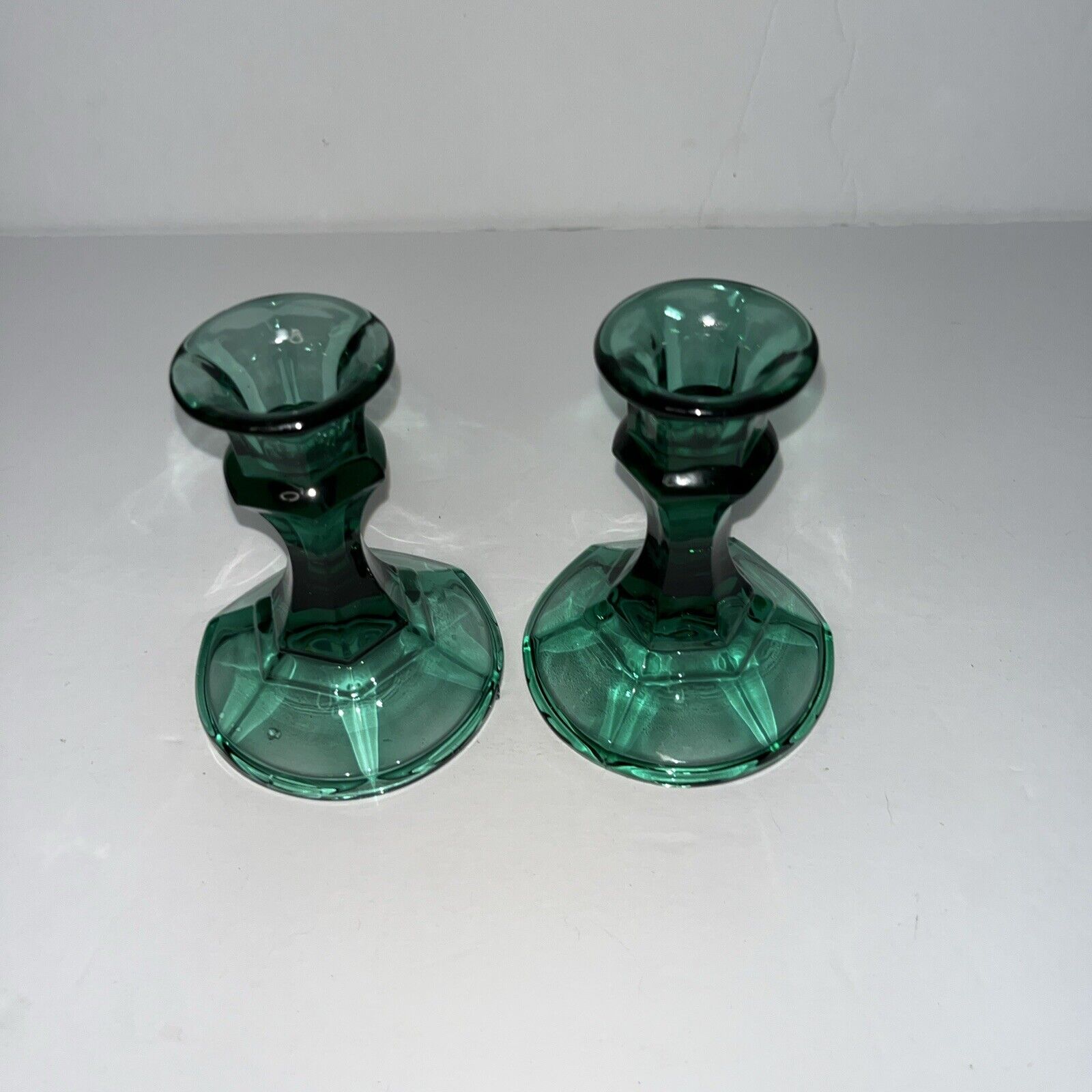 2 Vintage Indiana Glass Candlestick Holders Teal Green Emerald 4.25” Pair Set