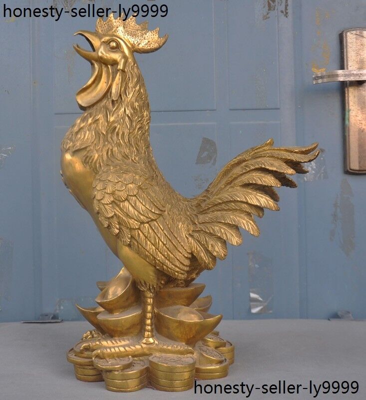 China Feng Shui brass copper wealth coin Yuanbao Cock Rooster Chicken statue