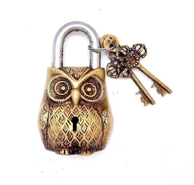 Owl Design Padlock  Golden Functional Brass Lock with 2 Keys