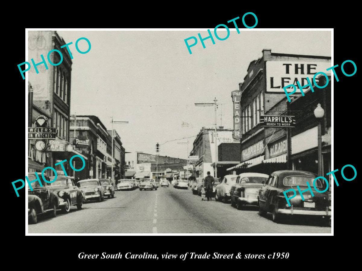 OLD LARGE HISTORIC PHOTO GREER SOUTH CAROLINA, VIEW OF TRADE ST & STORES c1950