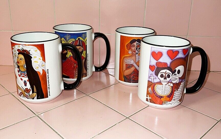 4 Coffee Mugs Designed by Emilia Garcia 2004 Dia de los Muertos El Gran Amor