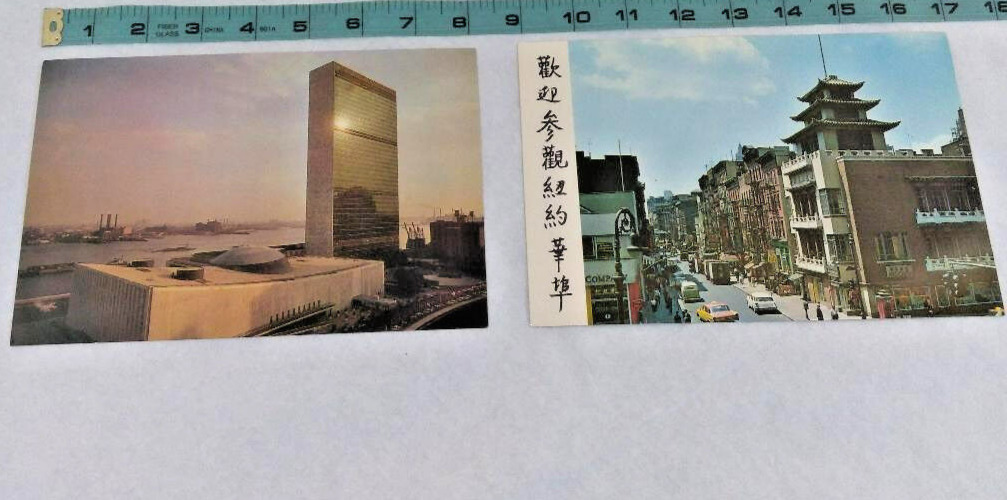 2 Vtg Postcards New York Chinatown & United Nations Building Cars Street Scene 