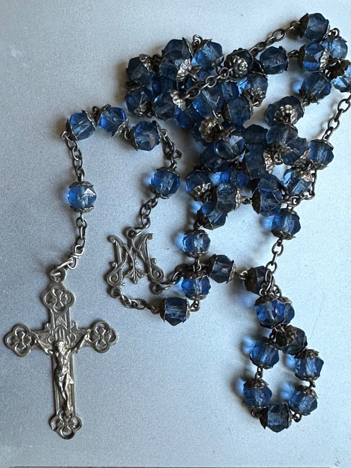 Gorgeous French Antique Rosary - Blue Glass Beads - Sterling Silver Cross &medal