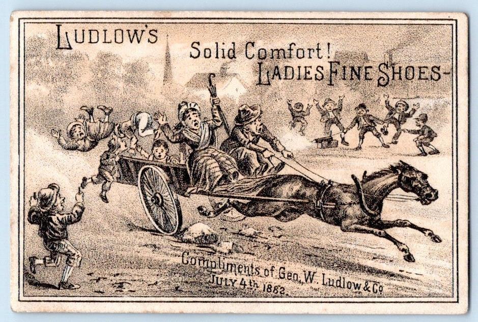 1882 4th of JULY LUDLOW'S SHOES*RUNAWAY HORSE & WAGON SCARED BY FIRECRACKERS