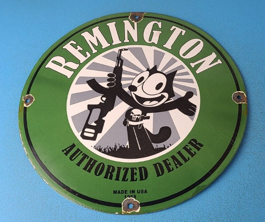 Vintage Remington Firearms Sign - Felix the Cat Dealer Gas Pump Porcelain Sign