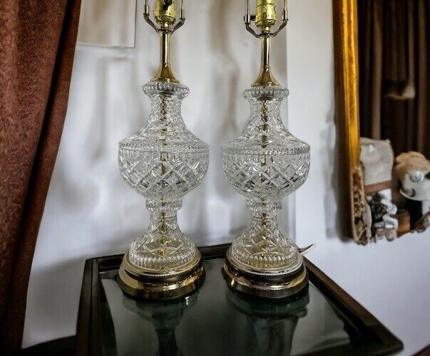 Vintage Pair Cut Clear Crystal Glass Table Lamp Brass Gold Set Hollywood Regency