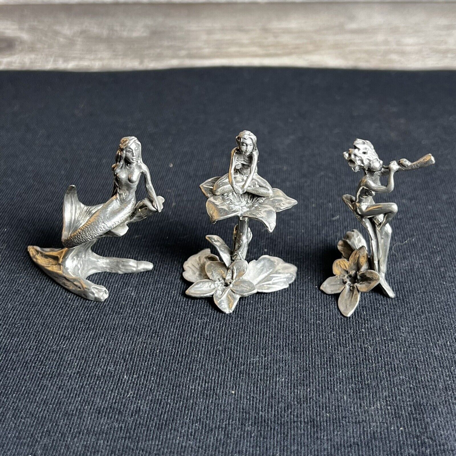 Lot Of 3 Vintage Pewter Metal Mythical Figurines Mermaid Fairy 2.5”
