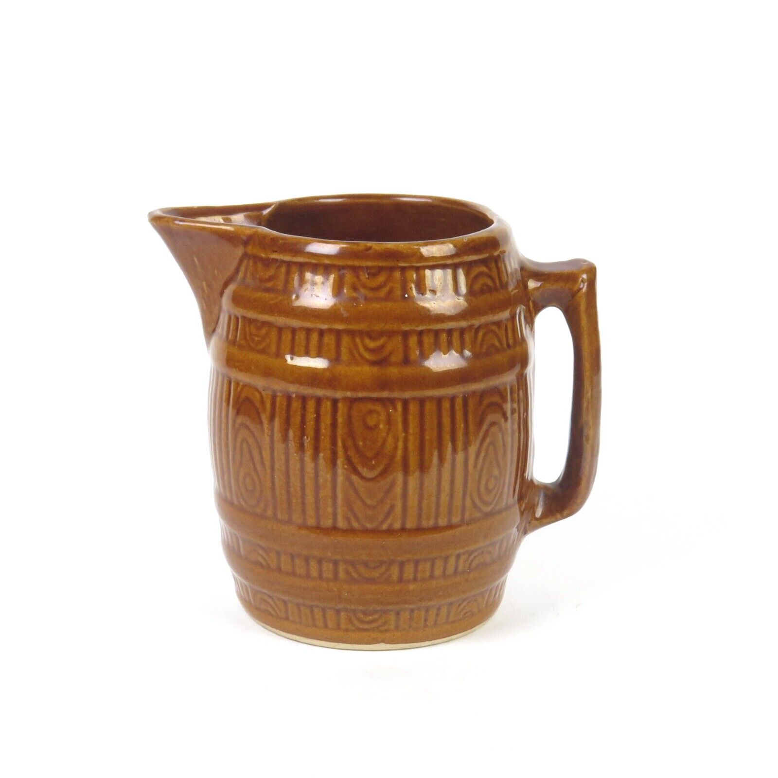 Vintage Brown Barrel Pitcher Stoneware Woodgrain Water Milk