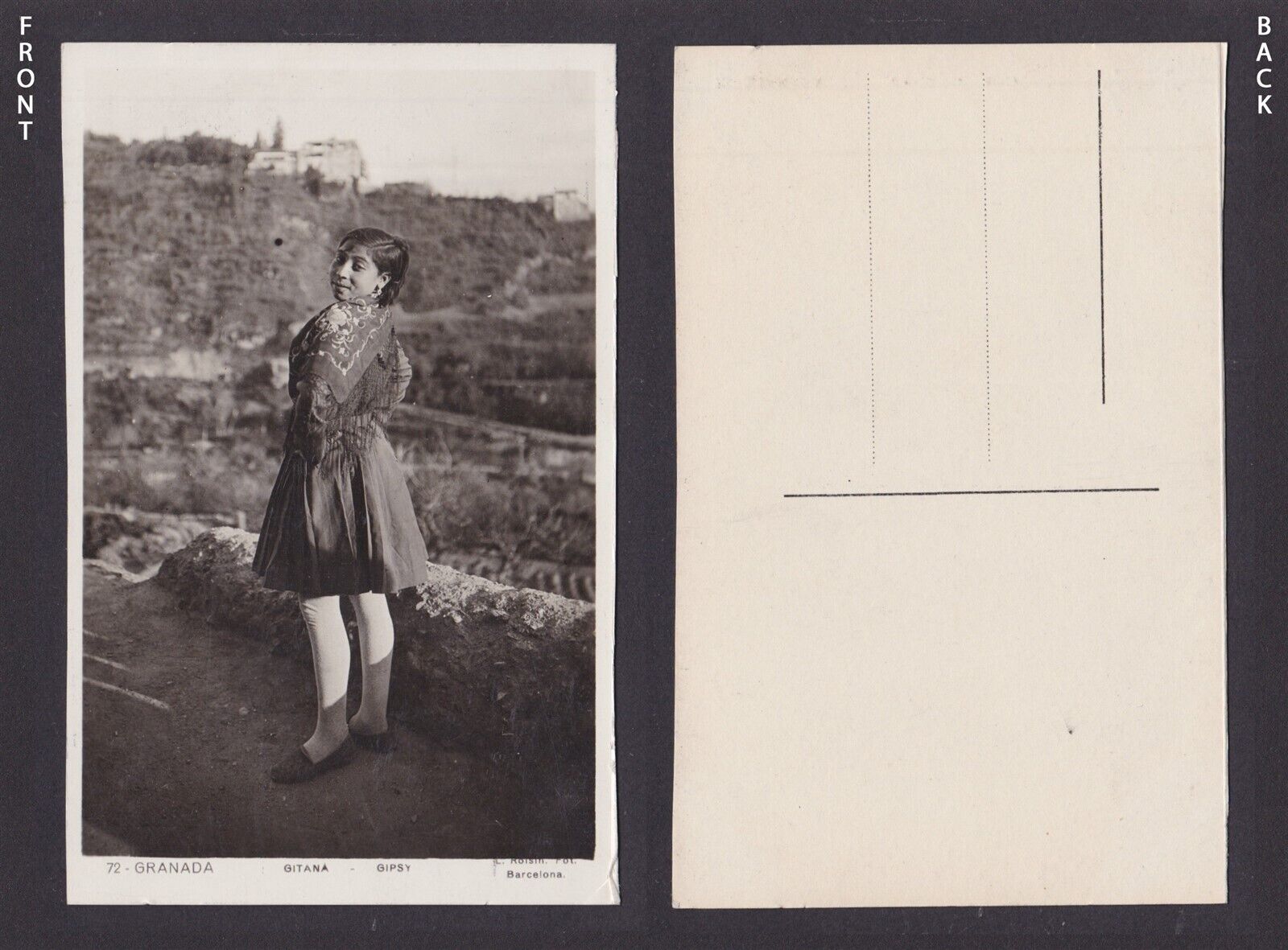 Vintage postcard, National costume, Spain, Granada, Gipsy girl