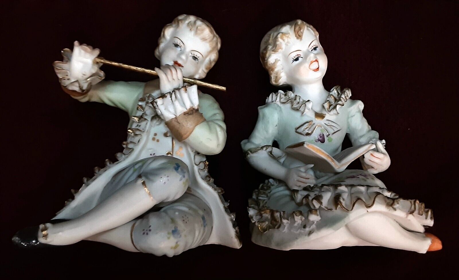 Orion Victorian Porcelain Boy Flute, Girl Sing Figurine Set~Vtg. 1940's Japan