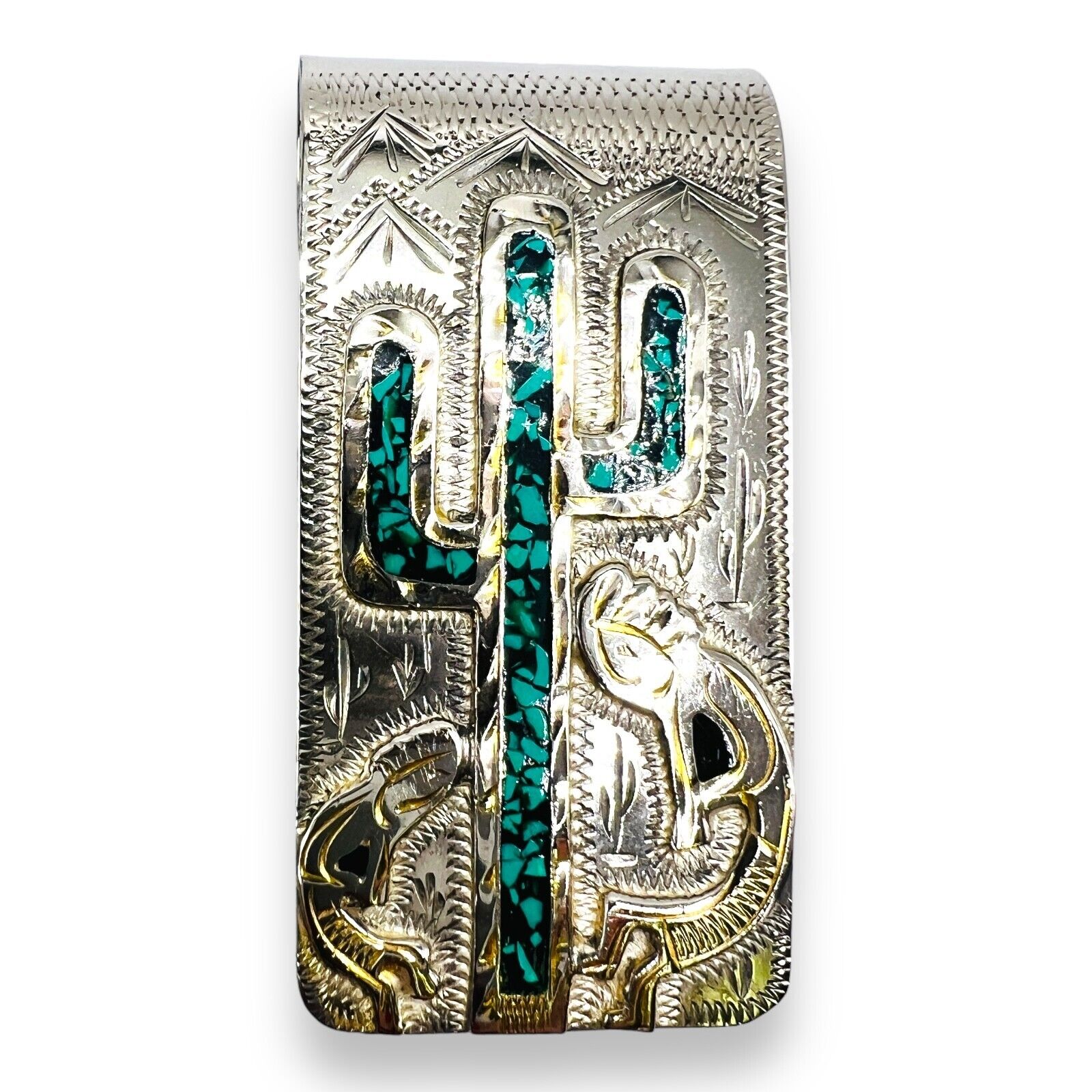 Kokopelli Turquoise Inlay Cactus Engraved Money Clip 925 Sterling Silver -000385