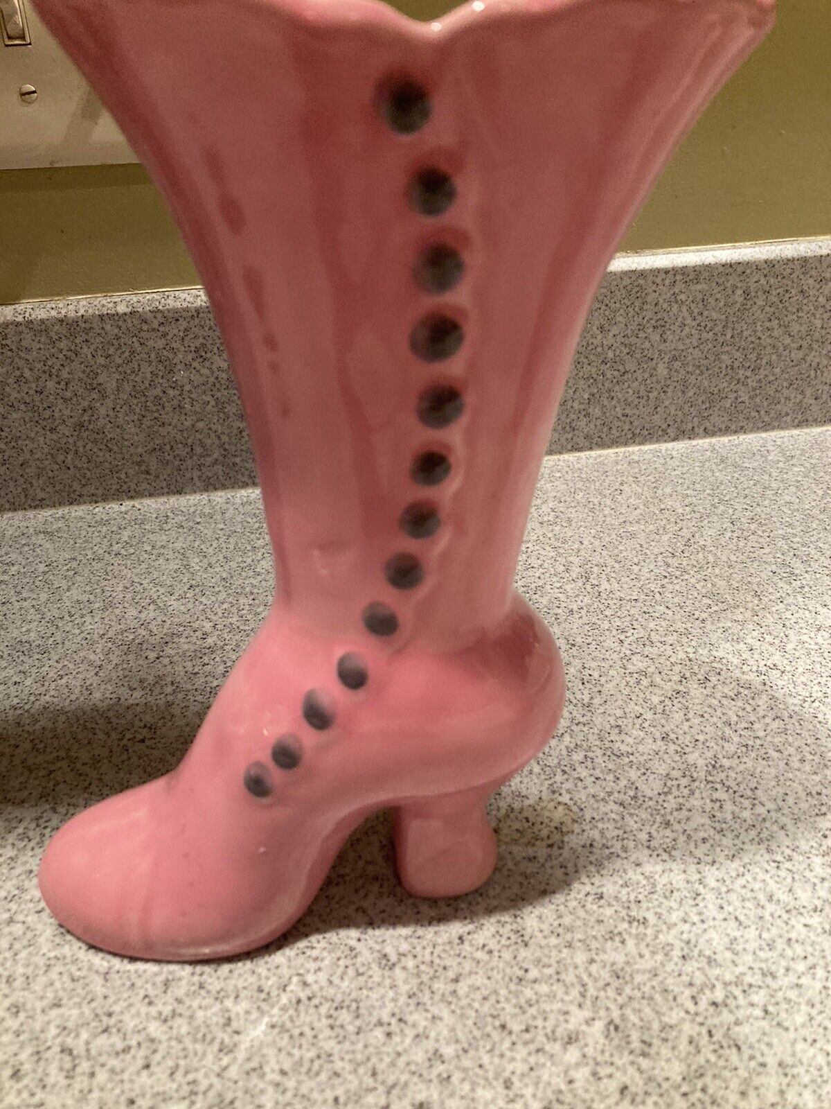 Large Pink Ceramic Vintage Ladies Boot Vase Planter 8½” Tall Scalloped Edge