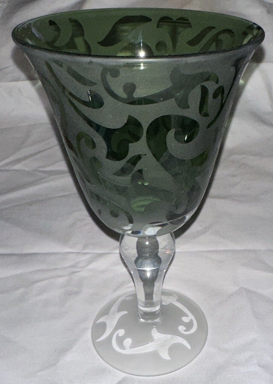 Michael Weems (Rare) Green Glass Wine Goblet “Elise” Bulbous Stem Signed 2002