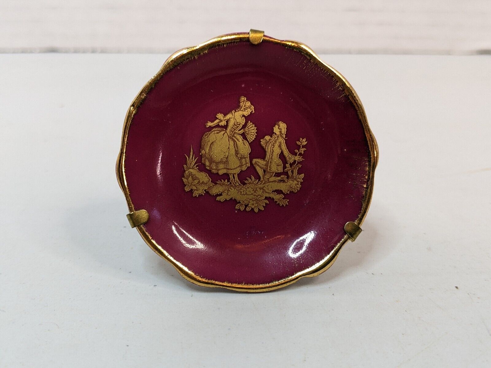 Vintage Small Miniature Porcelain Plate Limoges Red Courting Couple w/ Stand